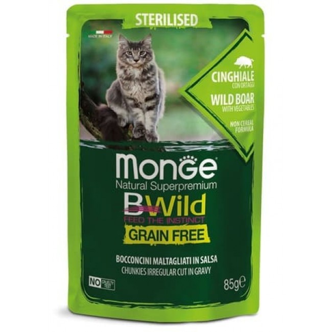 Monge Bwild Grain Free  85գ Պաուչ ստերիլիզացված կատուների համար վայրի վարազի մսով