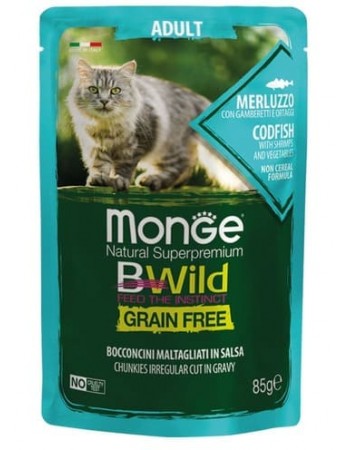 Monge Bwild Grain Free 85գ Պաուչ կատուների համար, ձկուկ ,մեռլուզո