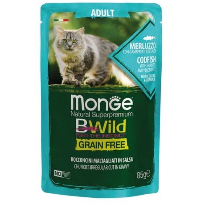Monge Bwild Grain Free 85գ Պաուչ կատուների համար, ձկուկ ,մեռլուզո